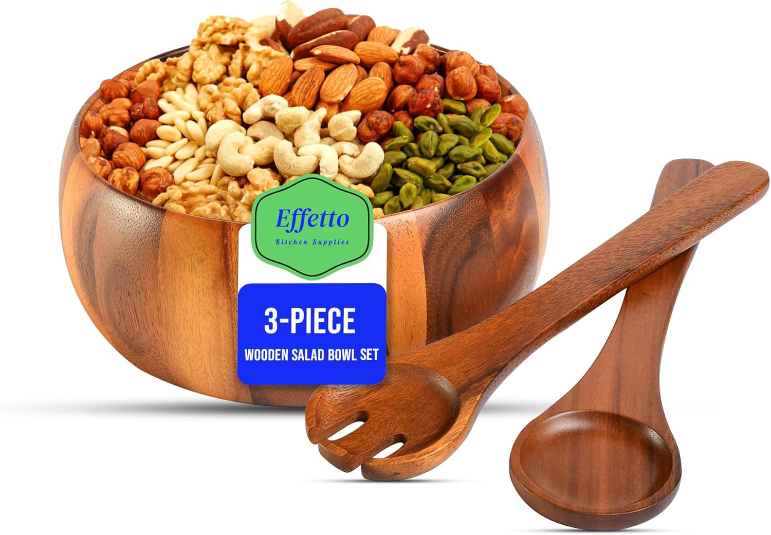 Effetto Acacia 3-Piece Wooden Salad Bowl Set | Large Serving Bowl with Salad Spoon and Fork Serving Utensils | Food Safe & Sustainable Big Mixing Bowl for Fruits, Salad, Cereal, Soup and More