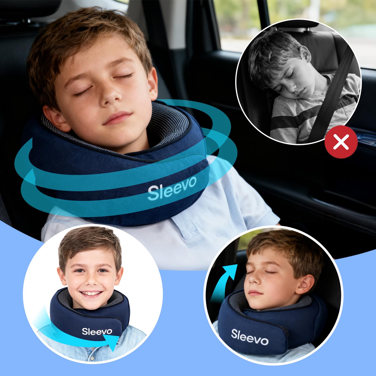 Coussin de nuque avion pour enfant avec capuche et mousse à mémoire de forme - Coussin de nuque et appui-tête pour voiture et avion - Coussin de voyage doux, lavable et ergonomique avec sac