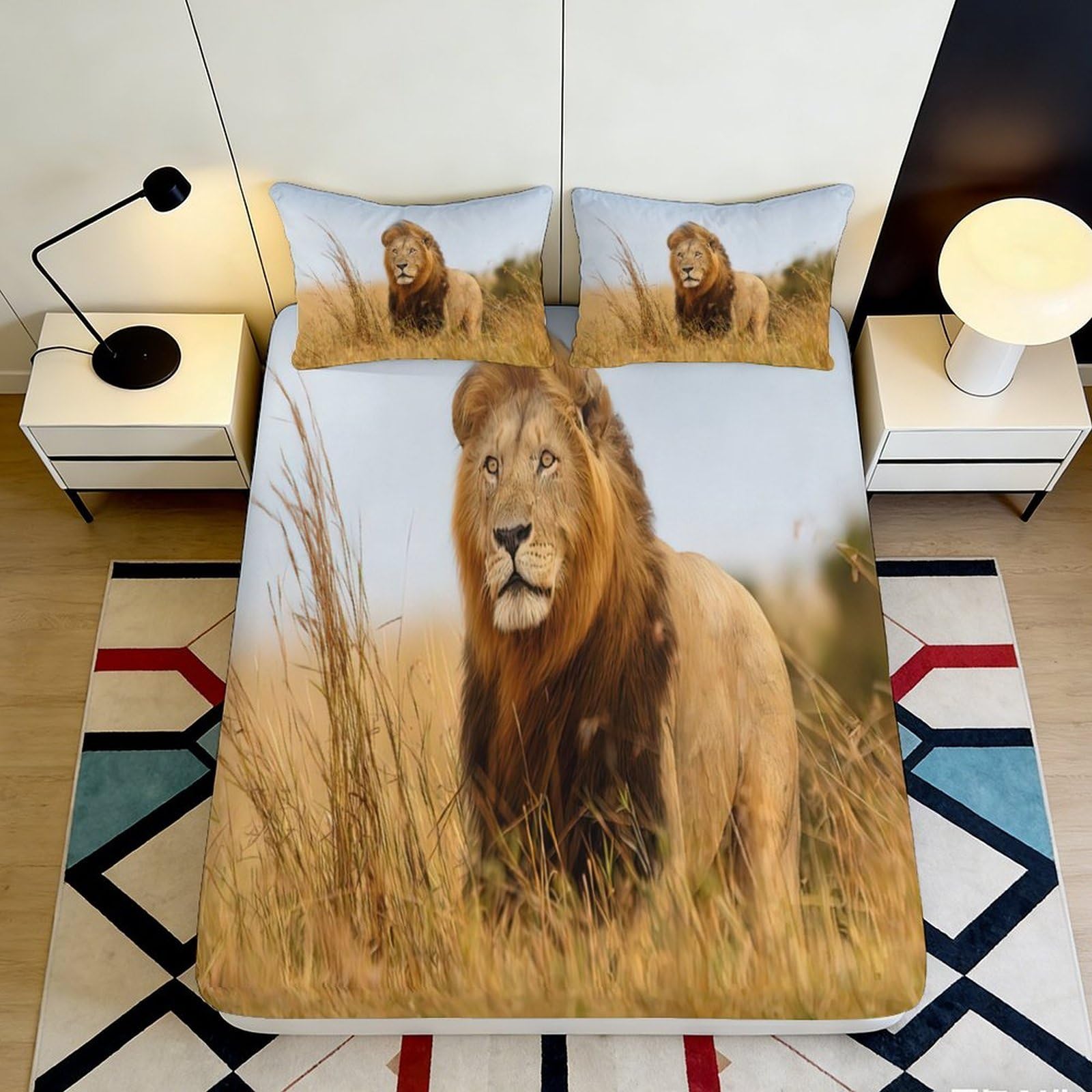 3D Printed Lion Savannah Fitted Sheet Microfiber Soft Durable Wild Grass Bed Cover for Bedroom Dorm Decor 90x200x25cm