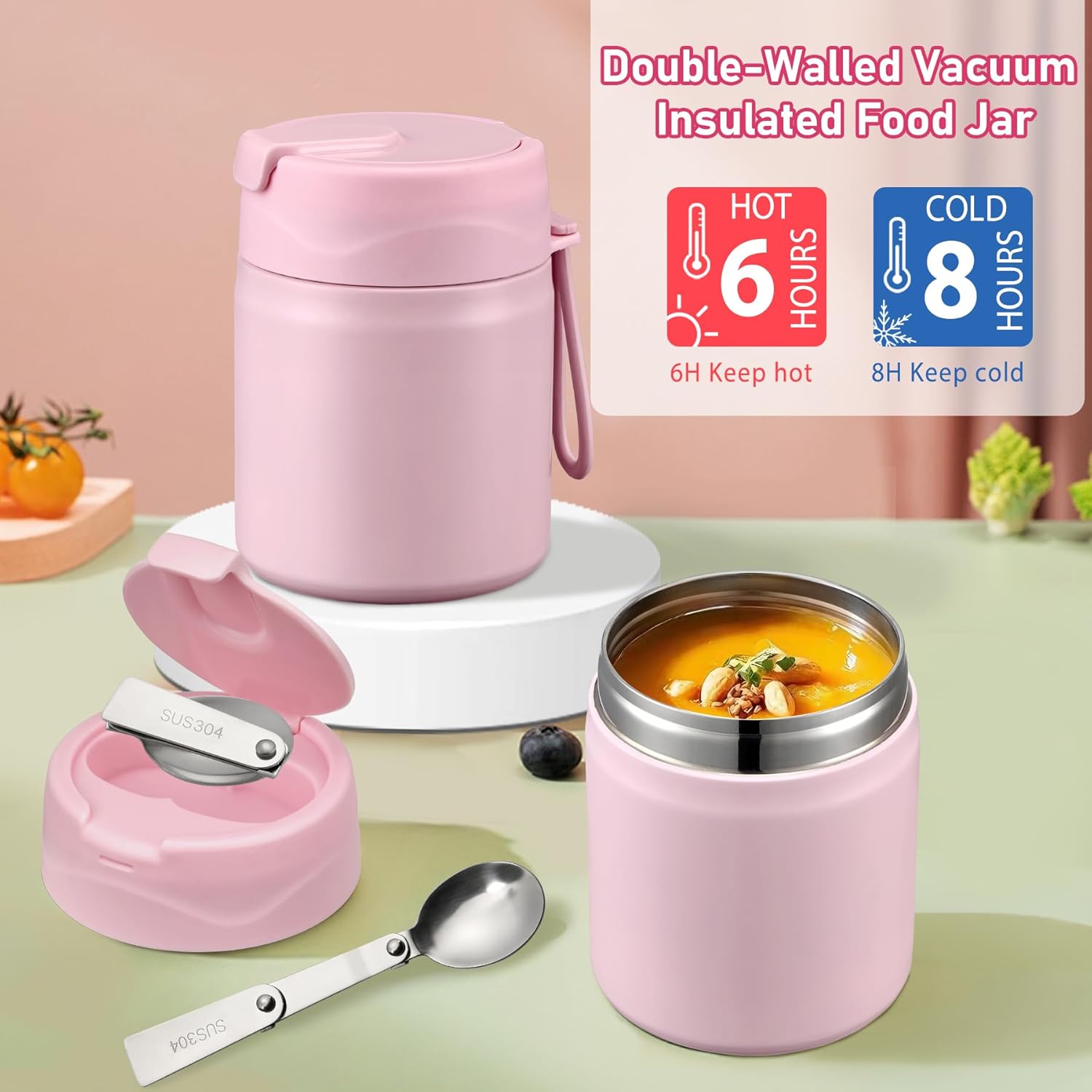 Bento Lunch Box for Kids with 17oz Soup Thermo,Insulated Tumbler Water Bottle and Insulated Lunch Bag,Leak-Proof 3 Compartment Lunch Food Container with Ice Pack for Kids to School-Pink thumbnail