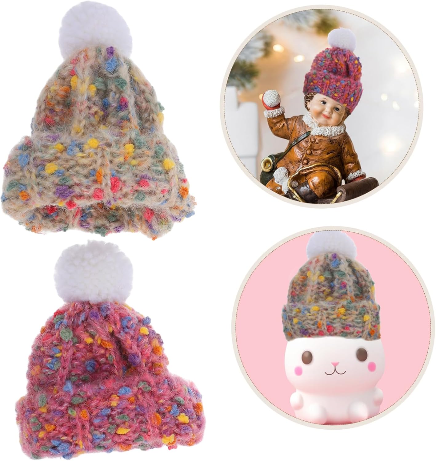 2pcs Mini Woolen Yarn Hats for Dollhouse Decorations Small Craft Knit Cap for Dolls Christmas Theme Beanie Winter Hat Soft and Fluffy
