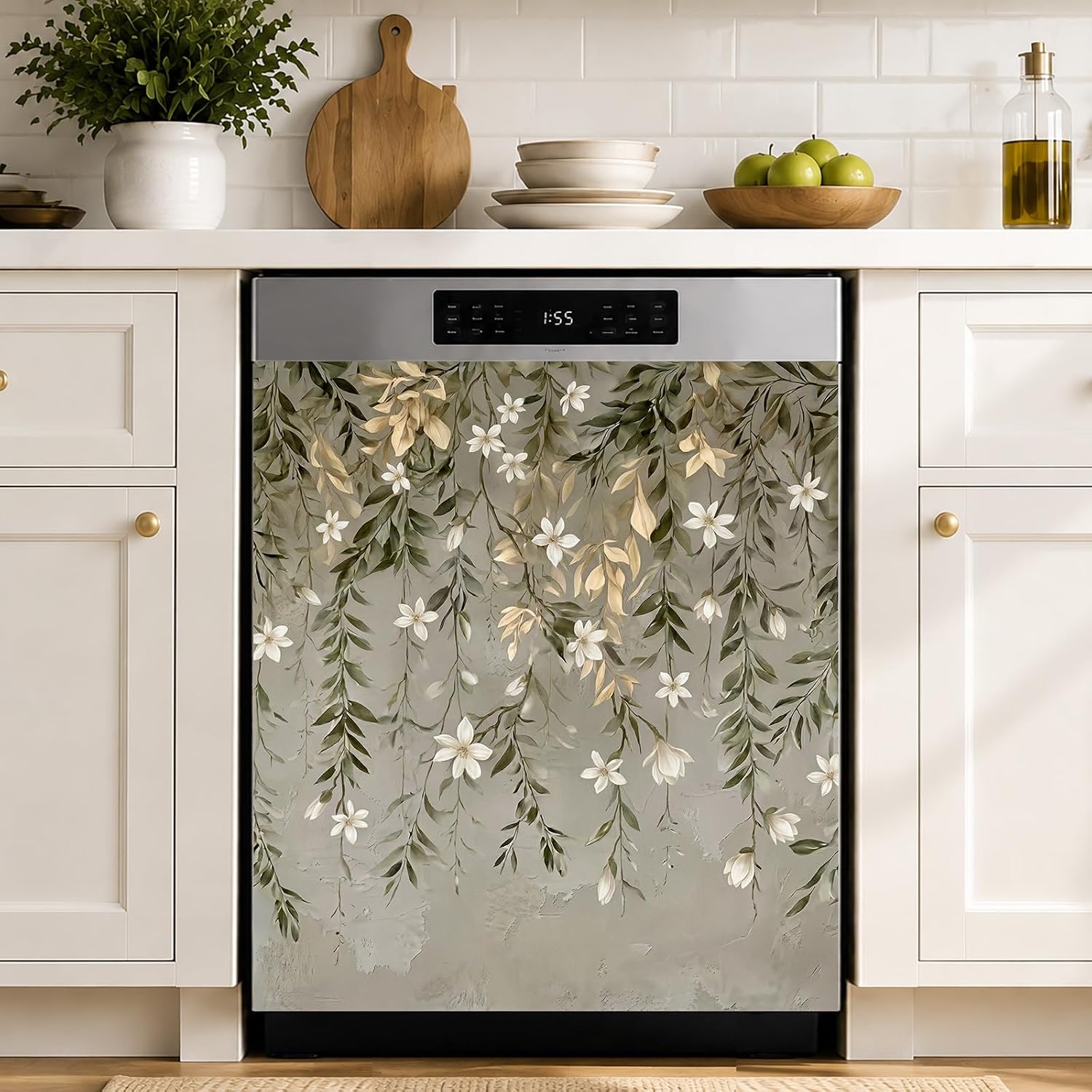 Dishwasher Magnet Cover 23 x 25.5 Inch, White Daisy Floral Dishwasher Magnetic Cover, PVC Dishwasher Decorative Magnet for Kitchen Decor