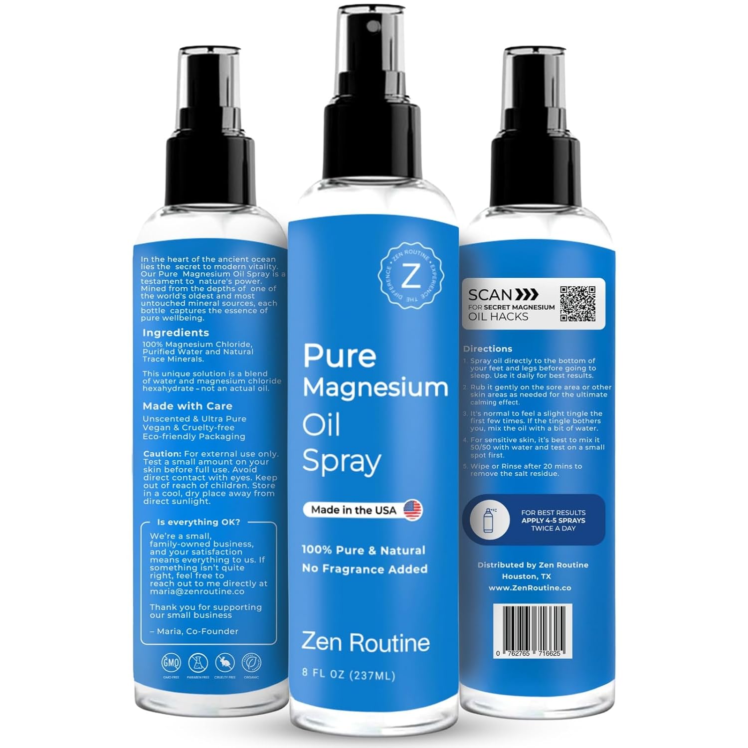 Zen Routine Magnesium Spray + Lotion Set – Relaxing & Soothing Body Care for Daily Use – Unscented, Non-Greasy, Less Itch – Feet, Skin Friendly, Extra Soothing — Made in USA