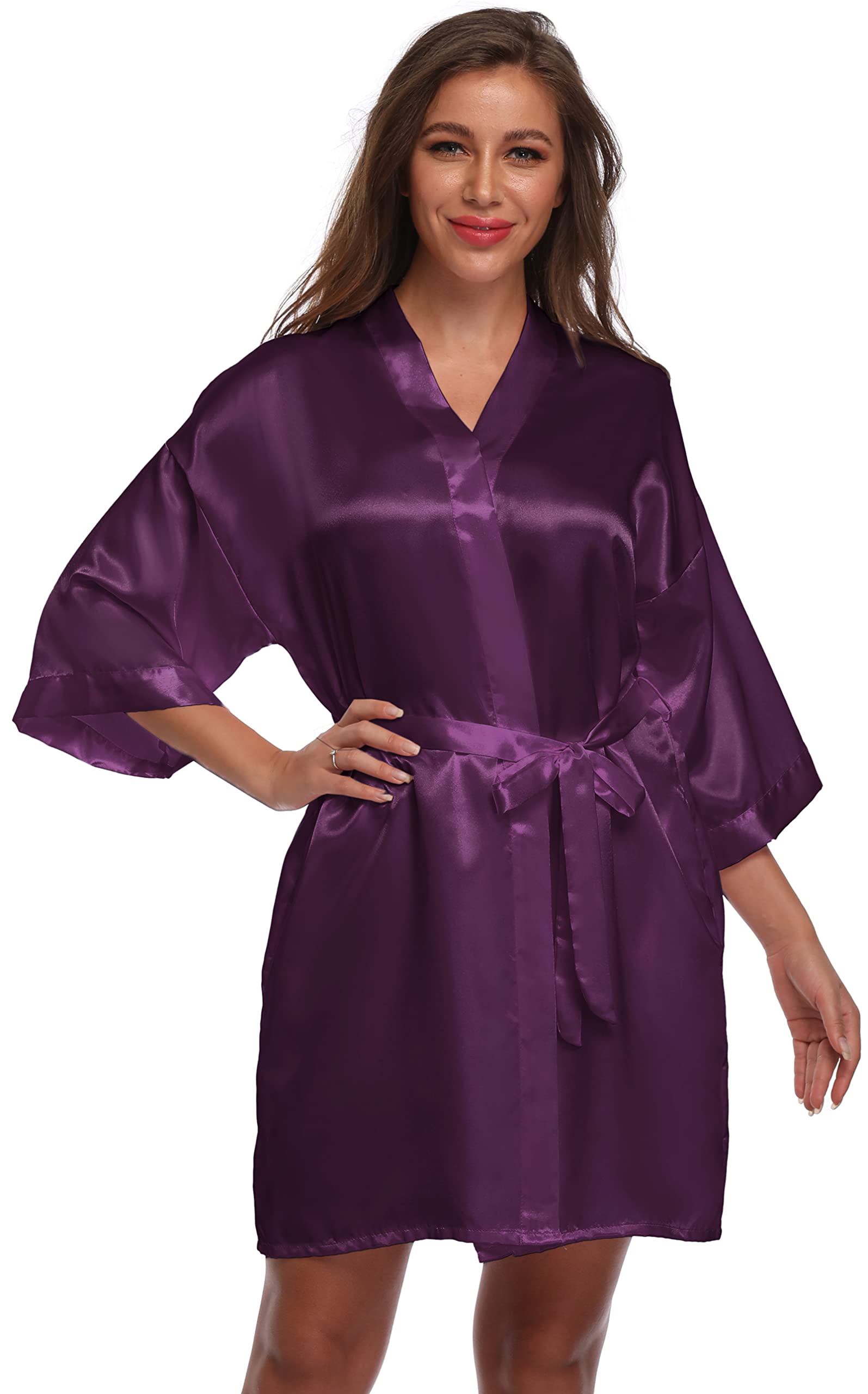 FADSHOW Bridesmaids Wedding Party Kimono Robes, Short for Women,Dark Purple,X-Large