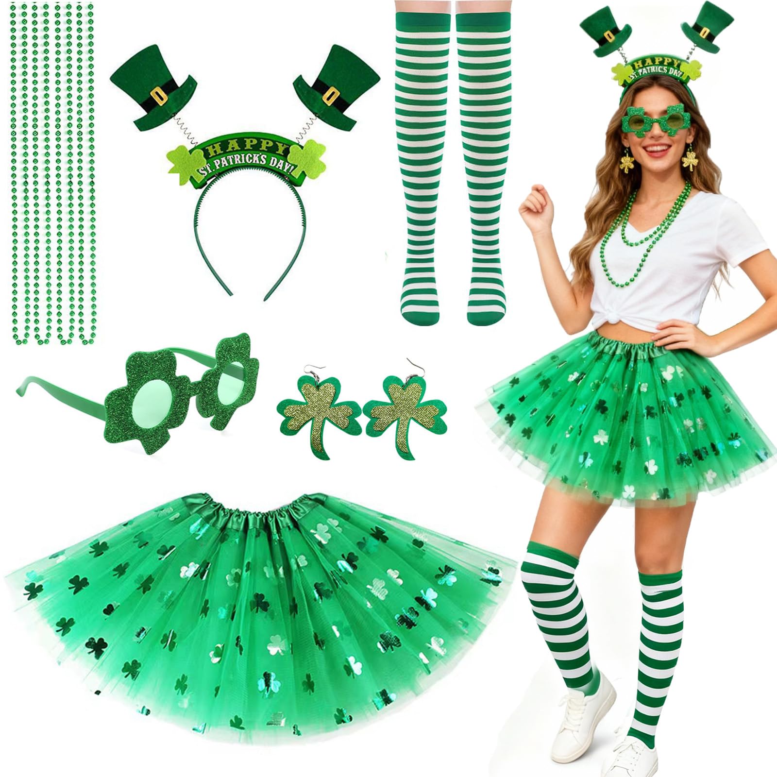 Hifot 8 Pieces St. Patrick's Day Costume Accessories Set for Women Tutu Skirts Striped Knee High Socks Beads Irish Headdress Eyeglass St. Patricks Day Party Favour Supplies Decoration