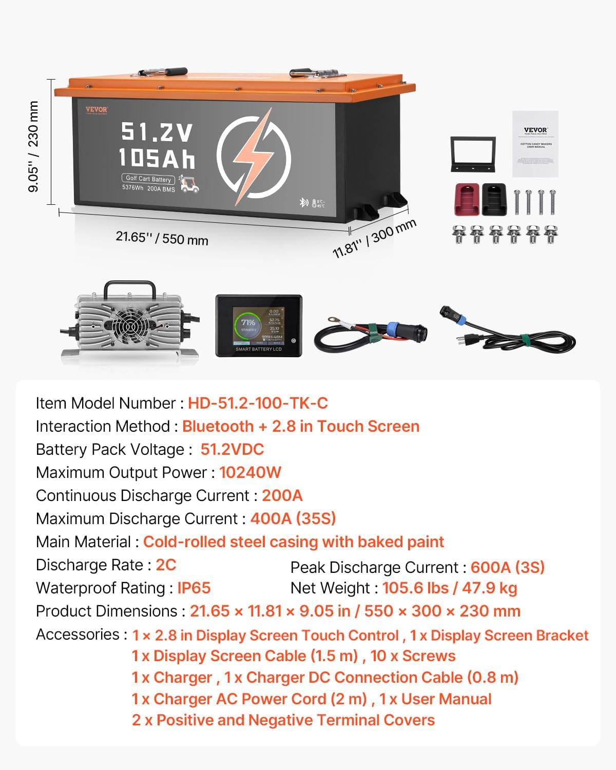 Detailed specifications of the VEVOR 48V 105Ah Golf Cart Lithium Battery and included accessories