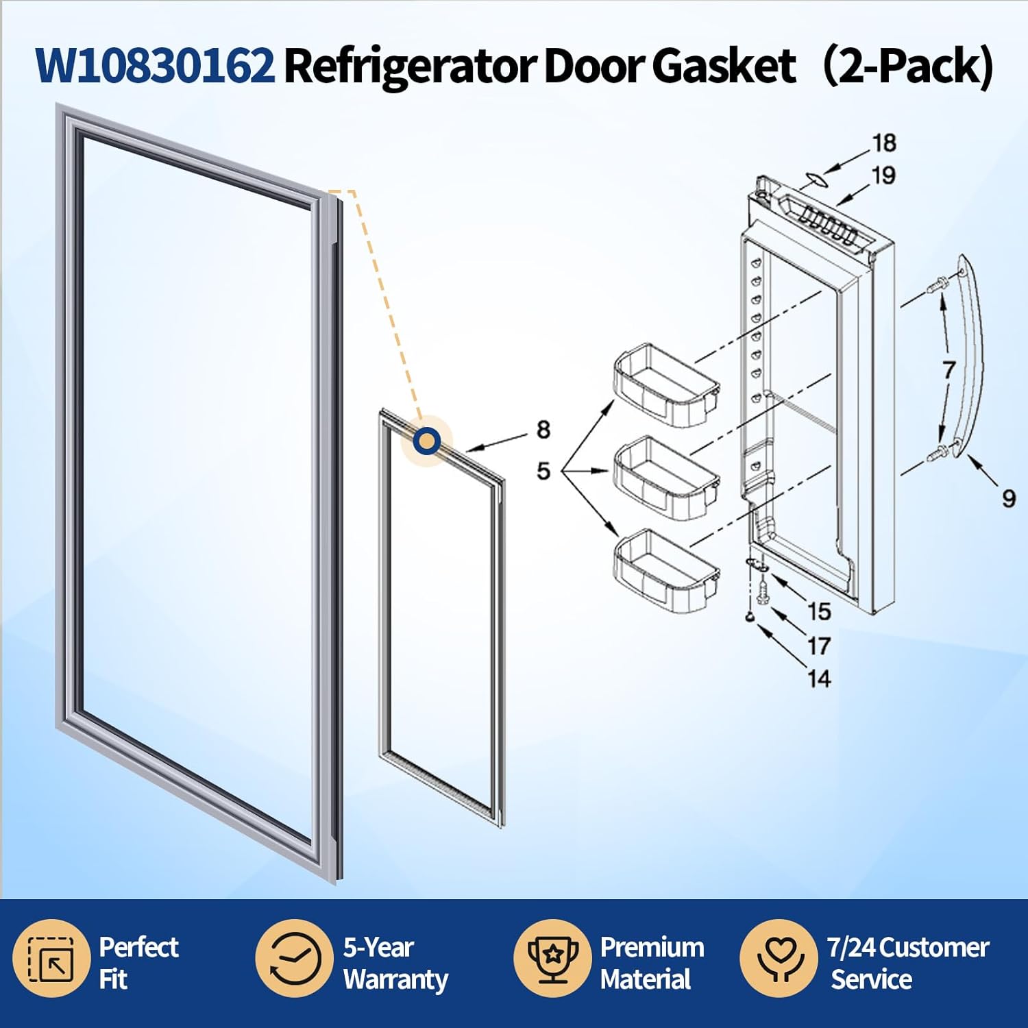 2026 NEW UPGRADED 2 Pack W10830162 Refrigerator Door Gasket Seal, Fits French Door Refrigerators for Whirlpool, KitchenAid & Kenmore, Replacement for W10443225, W10571956, Size 39.7 x 16.9 Inch