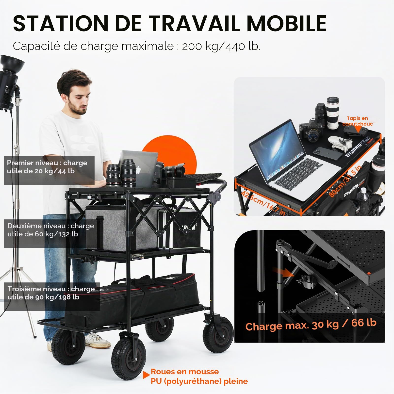 TARION Chariot de Production Vidéo pour Caméra - Chariot Studio à Installation & Démontage Rapide avec Roues 360° Chariot de Travail Photographique Pliable pour Créateurs de Contenu Titanrig