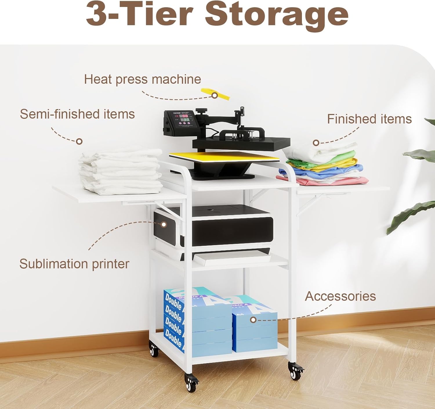 PUNCIA 3 Tier Movable Heat Press Table Foldable Heat Transfer Machine Stand Heavy Duty Rolling Workbench with Folding Table for DIY Sublimation Transfer Machine Metal Shelf Storage Organization