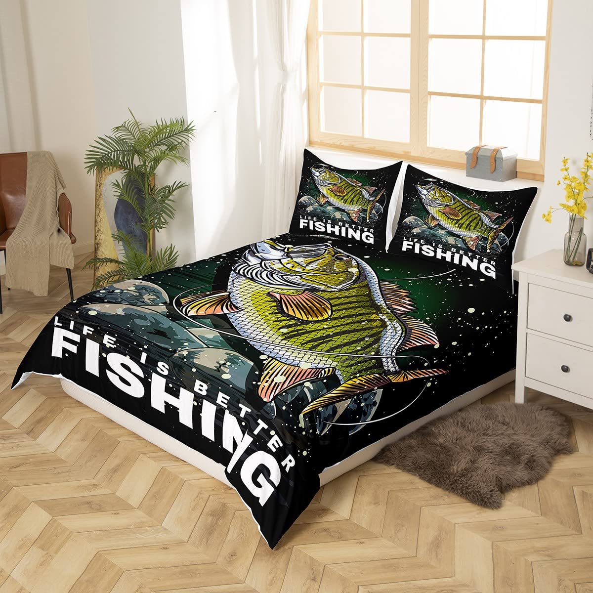 Loussiesd Big Pike Fish Comforter Bedding Set - Fishing & Hunting Duvet Cover for Kids - Microfiber Fisherman Fish Quilt - Super King - Image 3