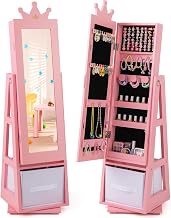 GOPLUS Children's Jewellery Cabinet with Full Length Mirror, Children's Jewellery Box with Folding Drawer, Jewellery Furniture for Bedroom and Playroom for Children 3+ Years Old (Pink)