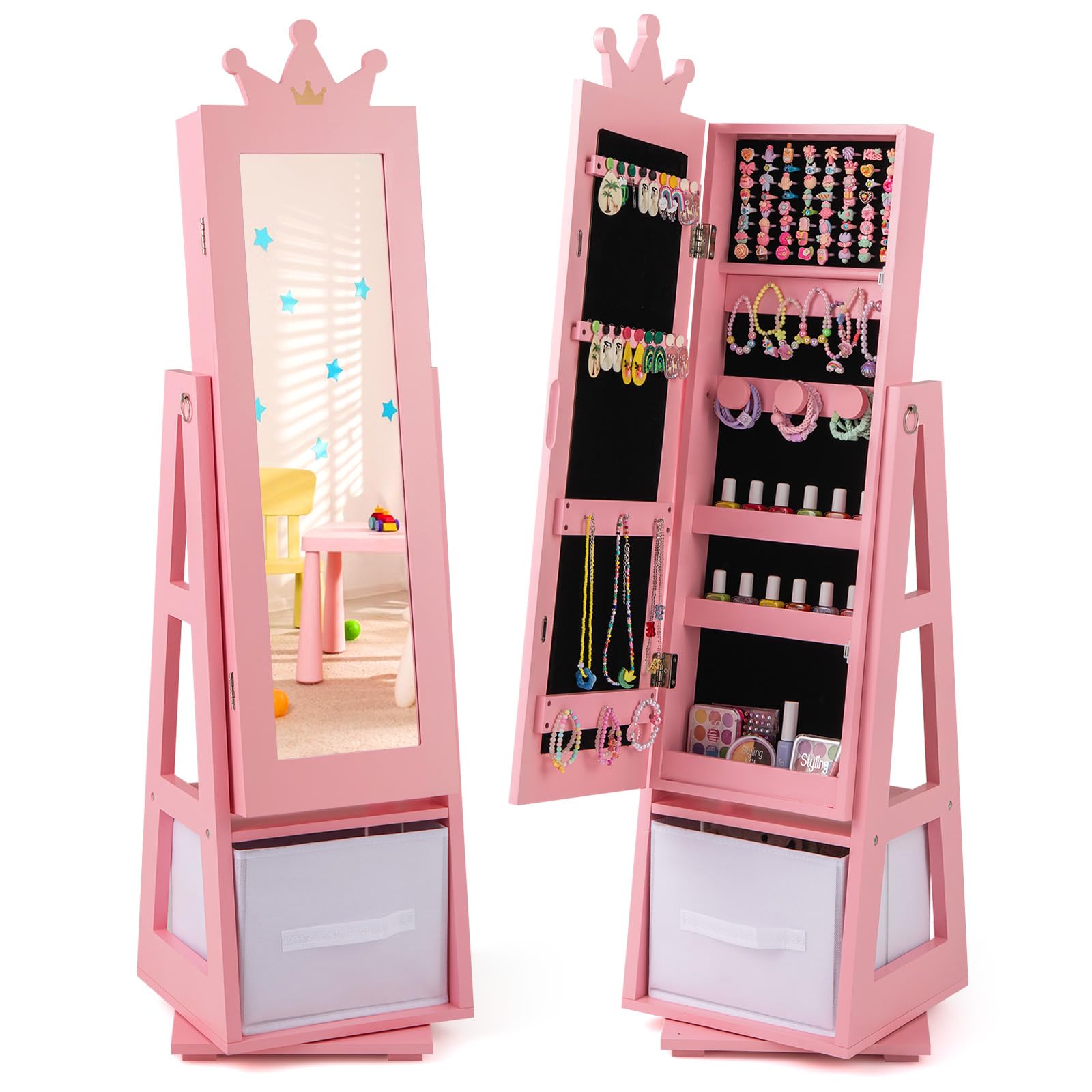 GOPLUS Armario para Joyas de Niños con Espejo de Cuerpo Completo, Armario Joyero Infantil con Cajón Plegable, Mueble de la Joyería para Dormitorio y Sala de Juegos de Niños de 3+ Años (Rosa)