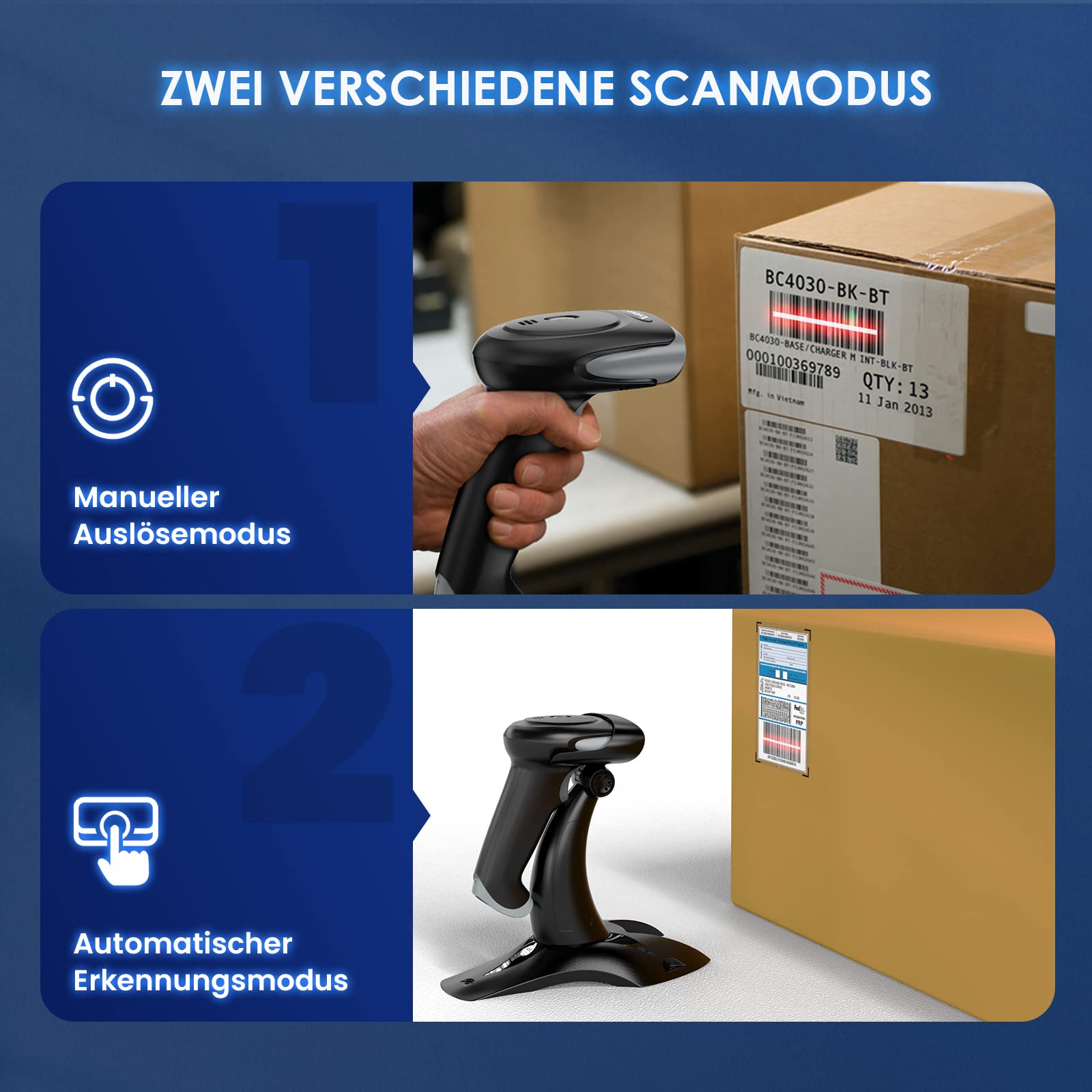 Eyoyo Barcode Scanner 1D 2D QR Handheld, Scanner 3 in 1 Connection Type Bluetooth 2.4G Wireless USB Cable, Barcode Reader,Compatible with Windows, Android, iOS, Tablets or Computer (EY-034 with Stand)