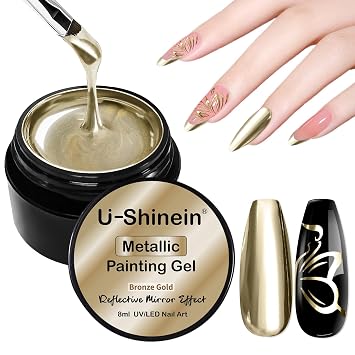 8ml Metallic Painting Nail Polish Gel,Bronze Gold Gel Nail | 3D Metal Painting Gel Drawing Mirror Effect,Nail Liner Painting Gel, Soak Off UV/LED, Long Lasting Super Shiny DIY Nail Art