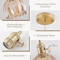 Vista 4 de Mini Pendant Lights Kitchen Island 2 Pack, Small Adjustable Pendant Light Fixture with Amber Tulip Glass Lampshade, Vintage Gold Pendant Lighting