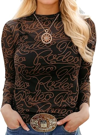 Urchics Womens Western Tops Mesh See Through Mock Neck Long Sleeve Layering Checkered T Shirts Trendy Going Out Chic Outfits