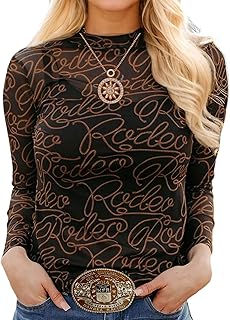 Womens Mock Neck Mesh Tops Western T Shirts Long Sleeve Layering Tops See Through Trendy Outfits Going Out Tops