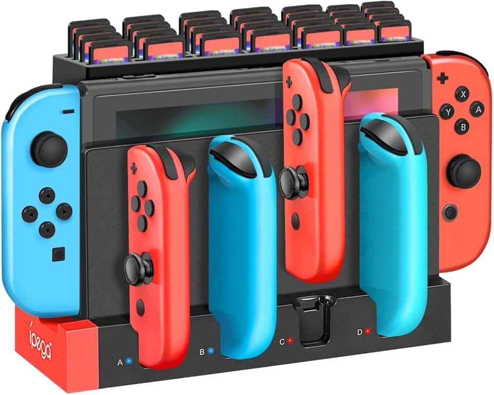 TNP Products Base De Carregamento Para Controles Joy-Con Nintendo Switch Com Armazenamento 28 Cartões Jogo, 4 Estações Joy-Con, Suporte Organizador Carregador Vermelho E Preto