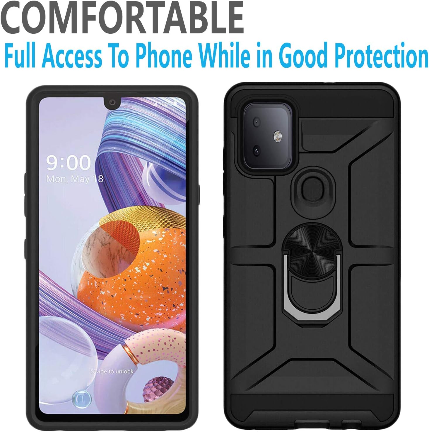 STARSHOP Compatible for T-Mobile Revvl 4 Plus Phone Case, [Not Fit Revvl 5G/Revvl 4] with [Tempered Glass Protector Included] Dual Layers Rotatable Ring Kickstand Shockproof Cover - Black