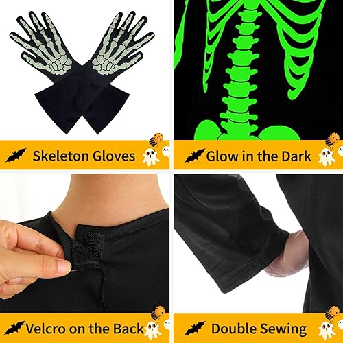 Miniatura 3 de Disfraz de esqueleto para niños, disfraz de esqueleto que brilla en la oscuridad, disfraz de Halloween con guantes para niños y niñas