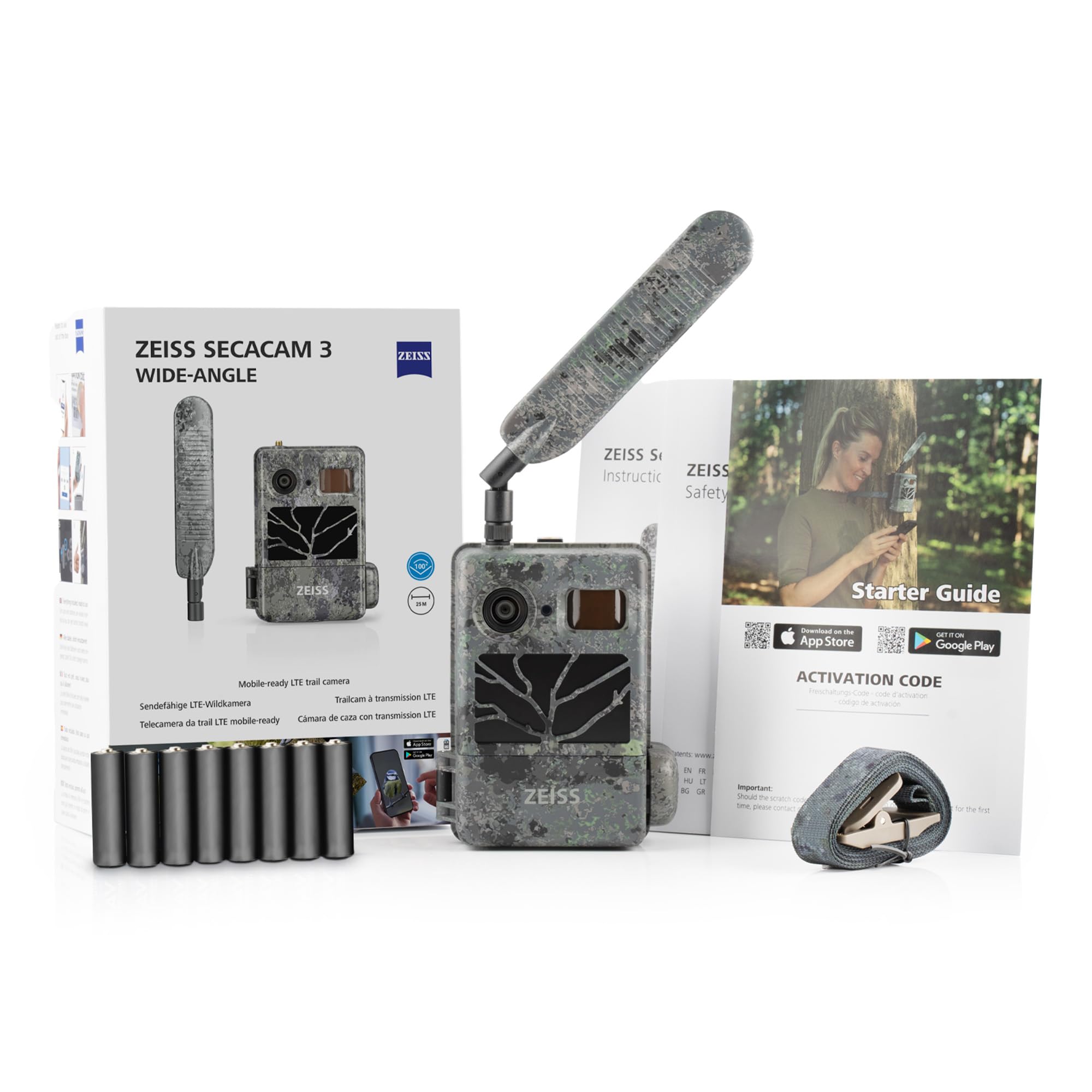 ZEISS Secacam 3 Wide-Angle – Fototrappola grandangolare 100°, 4G, 32 GB, App, 12 MP, HD1080, rilevamento a infrarossi 20 m, visione notturna, impermeabile IP66, 60 LED neri invisibili, sorveglianza