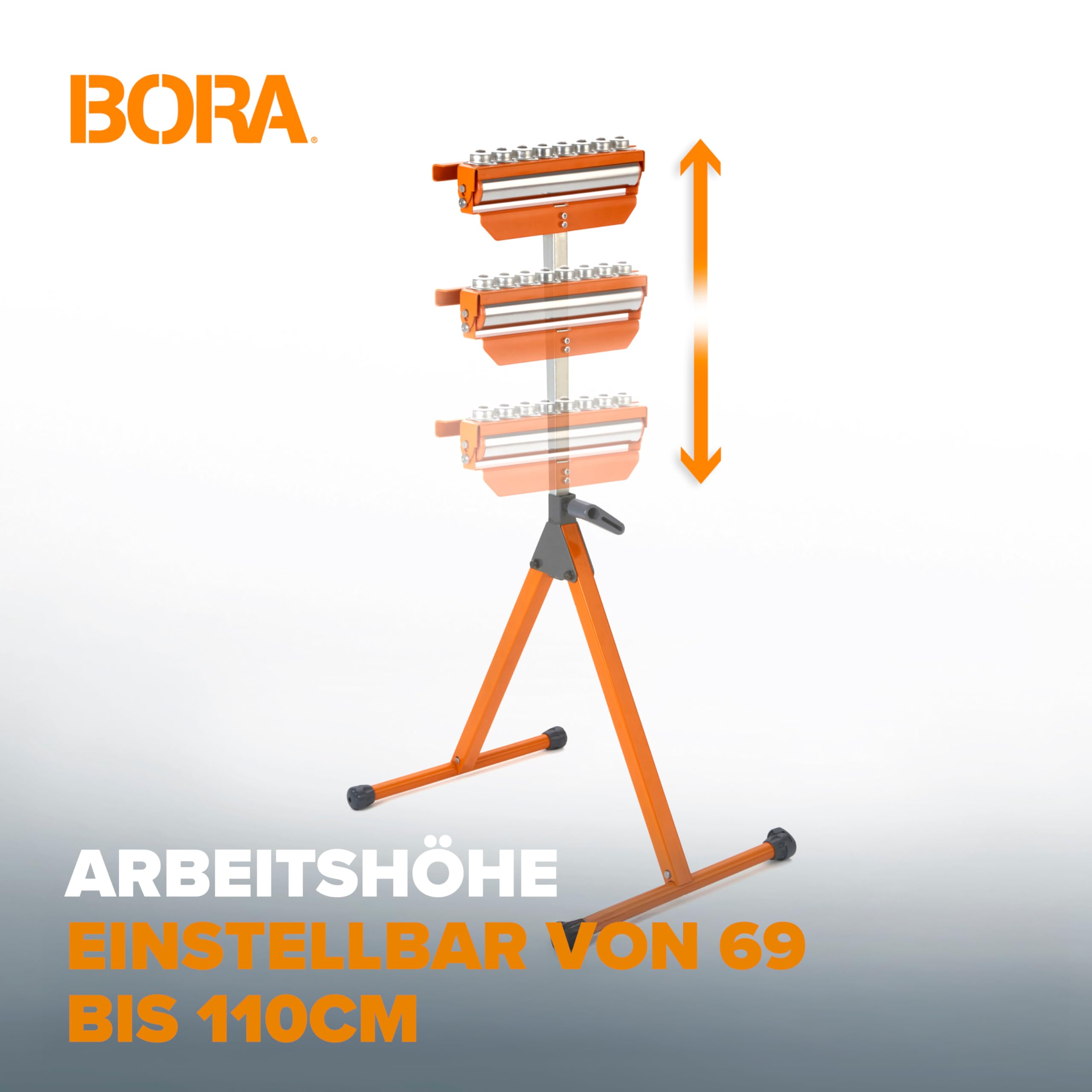 BORA Portamate PM-5093 Rollenständer 3-in-1 – höhenverstellbar 68–110 cm, polierte Stahlrolle 28,6 cm, Kugellager, multidirektionale Kugelrollen, Tragkraft 136 kg