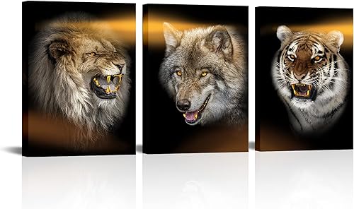 Conipit Imágenes de animales negro y dorado, arte de pared de lobo, tigre, león, pintura de retrato de vida silvestre, lienzo con ojos dorados,