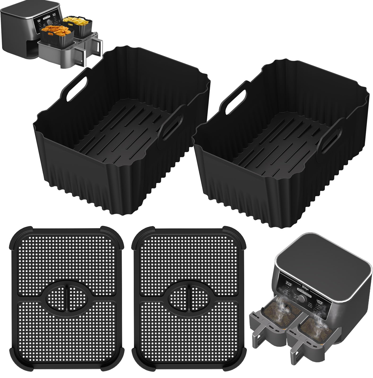 2 Moules Silicone + 2 Grilles Anti-Éclaboussures Air Fryer Ninja Foodi AF400EU AF451EU - Accessoires Réutilisables Faciles à Nettoyer