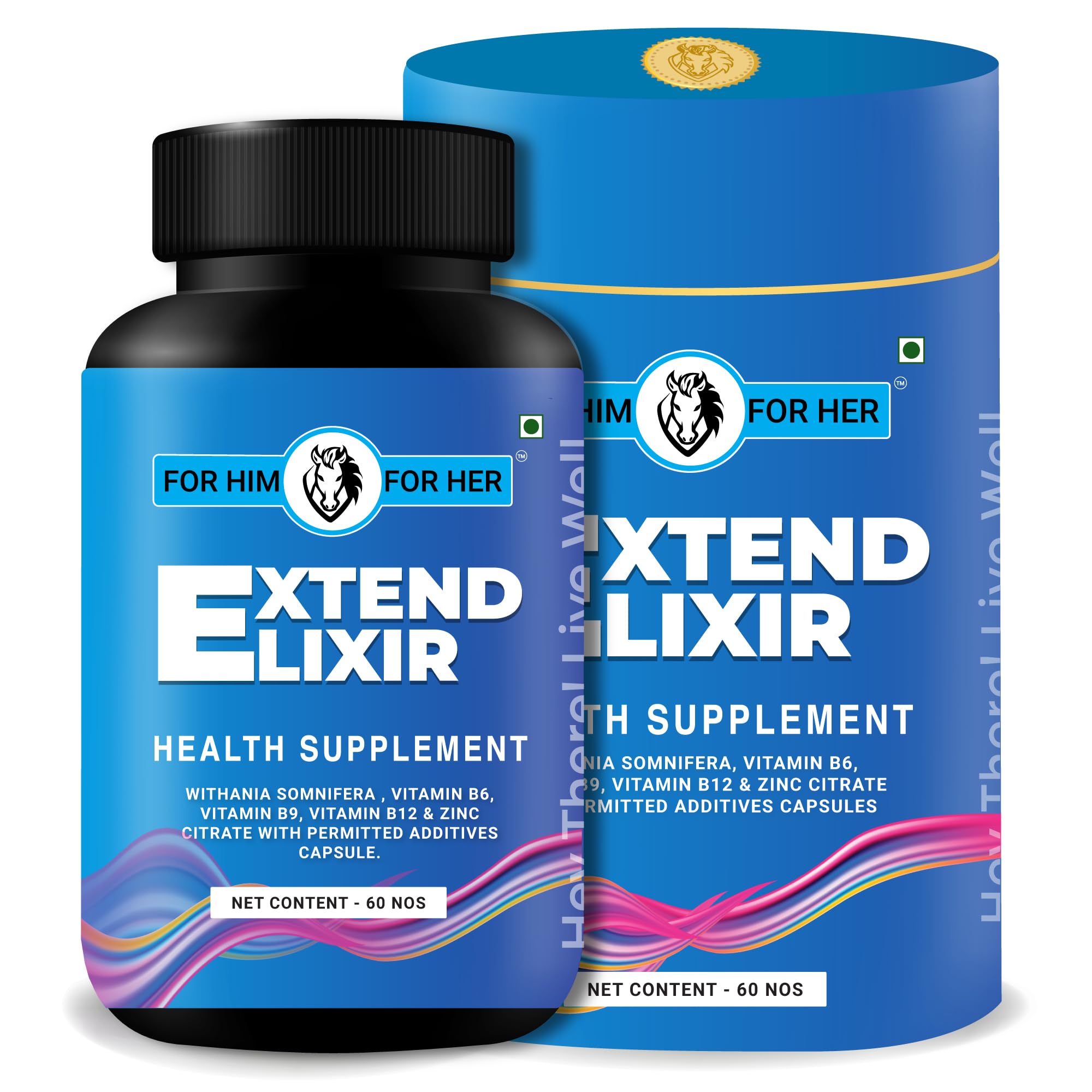 FOR HIM FOR HER Extend Elixir – Men's Wellness Supplement with Ashwagandha, Zinc, B Vitamins | Boosts Testosterone, Stamina & Libido Support | 60 Veg Capsules