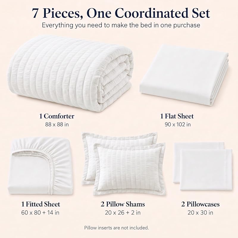 CozyLux Queen Comforter Set, 7 Pieces White Seersucker Bed in a Bag image 2