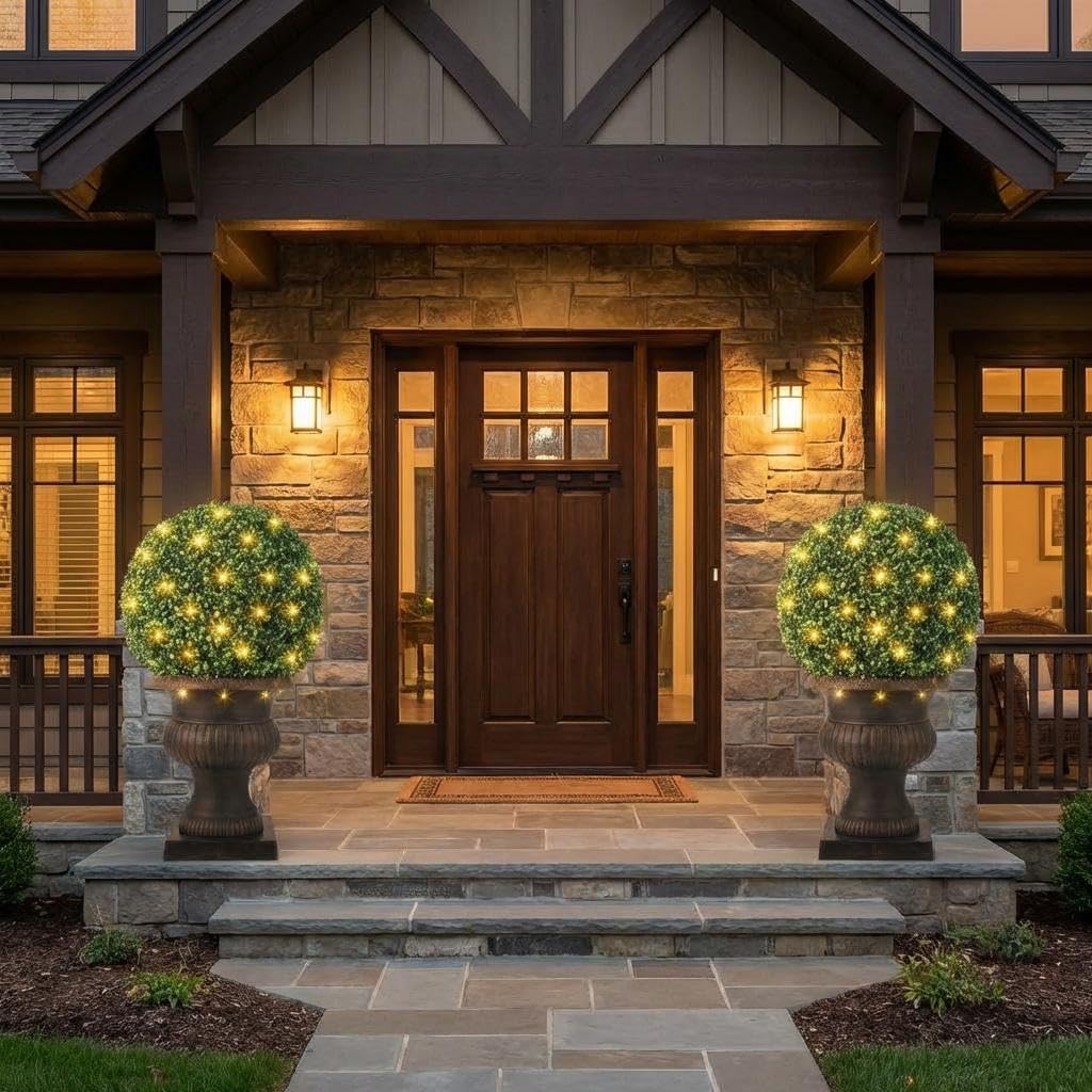 24" Pre-Lit Artificial Topiary Trees for Front Porch, 2-Pack Faux Boxwood Ball Plants with Remote & Timer, UV Resistant Potted Fake Trees for Outdoor Entrance, Christmas Home Decor (Vintage Urn Pot)