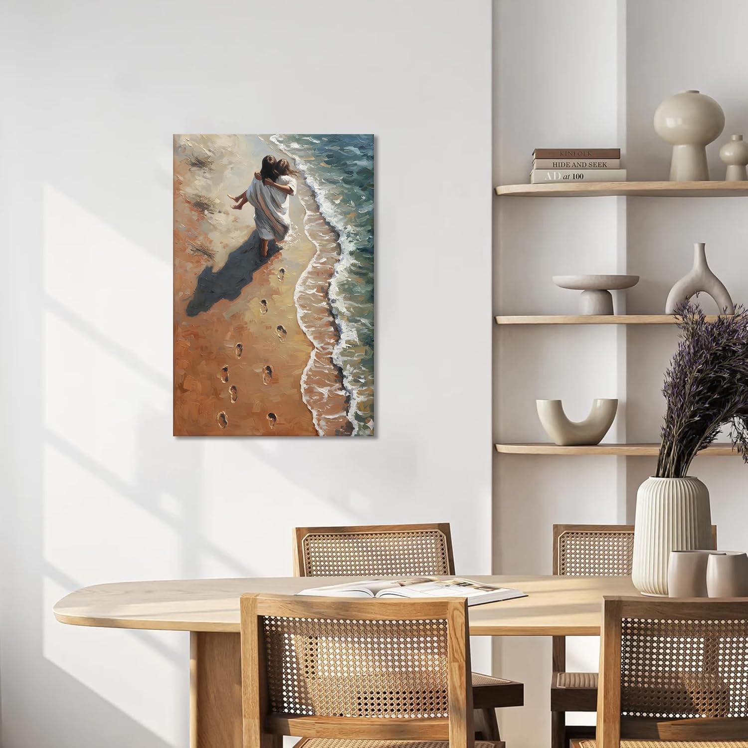 Jesus Holding Woman Canvas Wall Art Jesus Footprints in the Sand Wall Decor Pictures Christian Bible Poster Prints for Living Room Bedroom Home Decoration 16x24in Ready to Hang