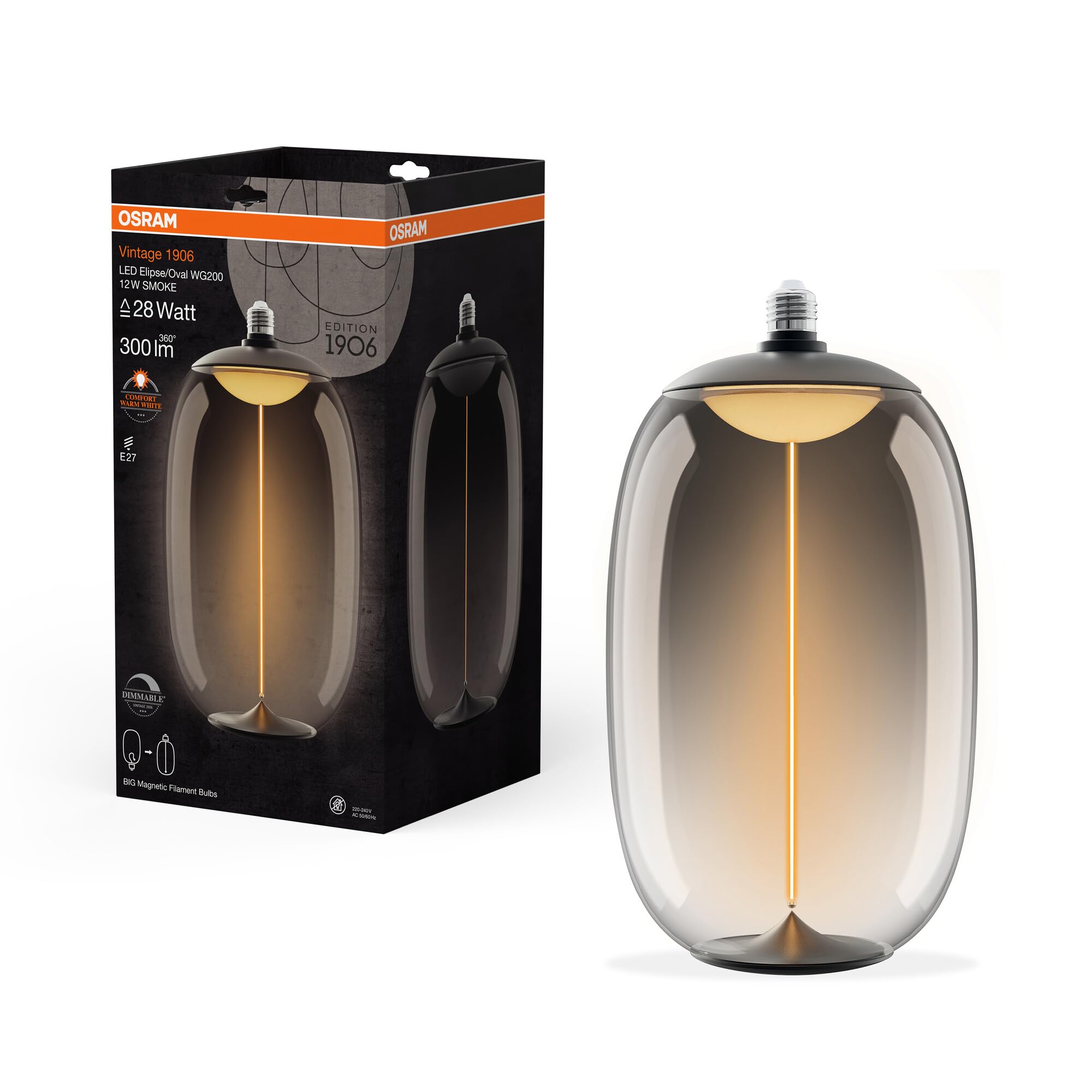 Osram Vintage 1906 Big Elipse Oval ist eine dimmbare LED-Lampe aus Kunststoff mit Filament in Ellipsenform. Sie bietet 12 W für 300 lm, E27 Fassung, Smoke Design, 200 mm Durchmesser, CRI 80, 1800 K.