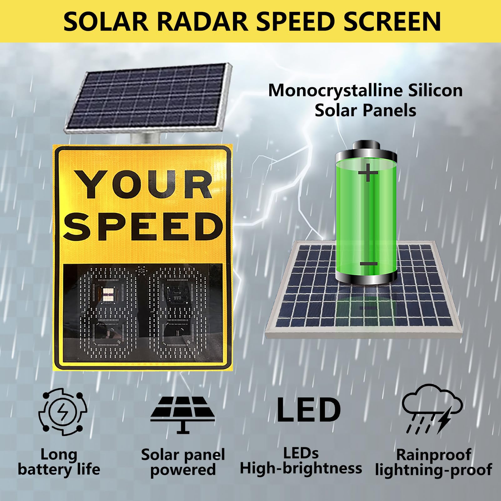 SeñAl Led de Radar con EnergíA Solar, SeñAl de Velocidad, Panel de Advertencia de TráFico con Control Remoto y Accesorios, Distancia Visible >1000 M, para Calles y Barrios Yellow-50x70cm