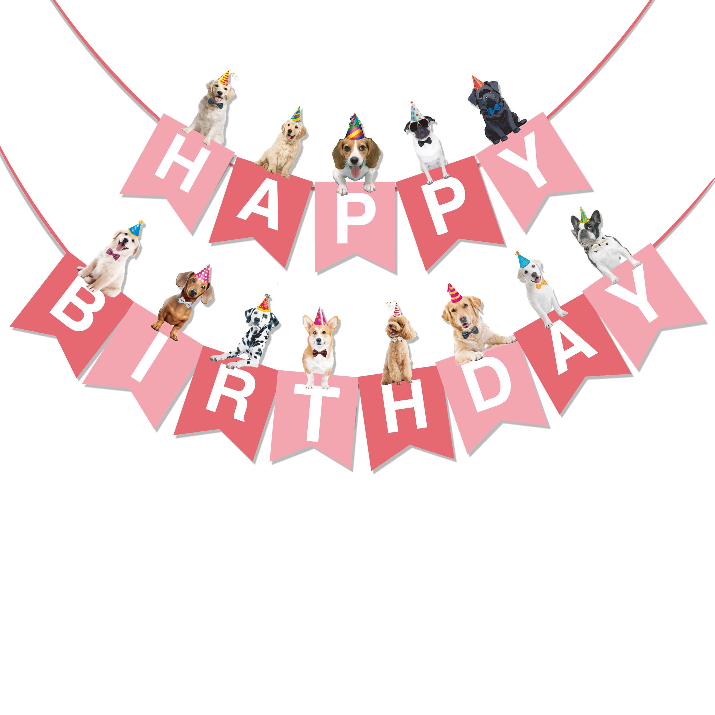 BRUBAKER Happy Birthday Garland with Dogs - Birthday Decoration Pennant Chain - Animal Party Banner Decoration - Birthday Decoration Garland for Birthday Table and Birthday Party – Pink