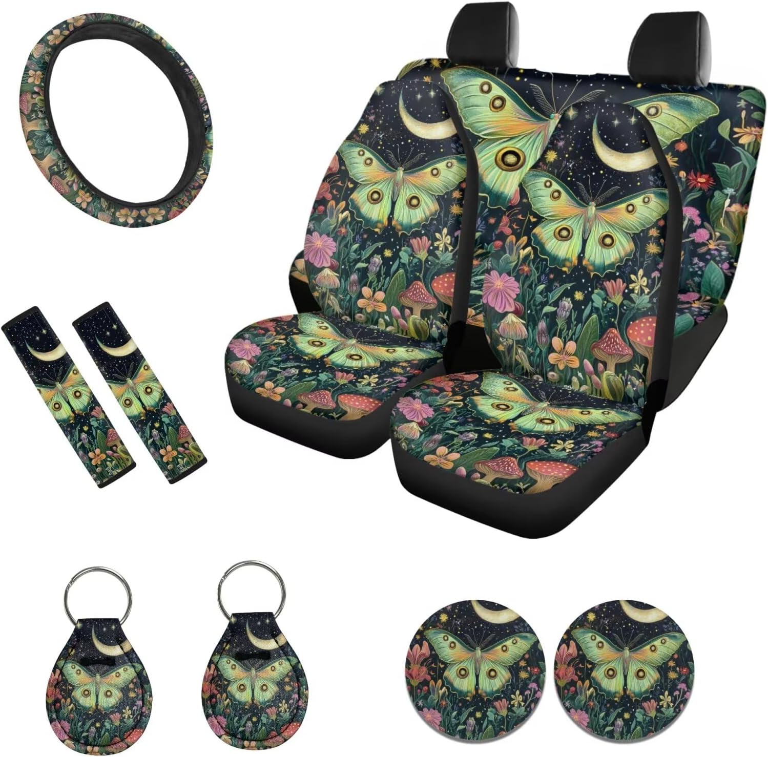 Cozeyat Moon Mushroom Moth Car Seat Cover Full Set Car Accessories, with Car Steering Wheel Cover Seat Belt Cover Car Coasters Keychain Universal Fit Most Vehicles SUV Sedans, 11 PCS