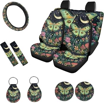 Cozeyat Moon Mushroom Moth Car Seat Cover Full Set Car Accessories, with Car Steering Wheel Cover Seat Belt Cover Car Coasters Keychain Universal Fit Most Vehicles SUV Sedans, 11 PCS