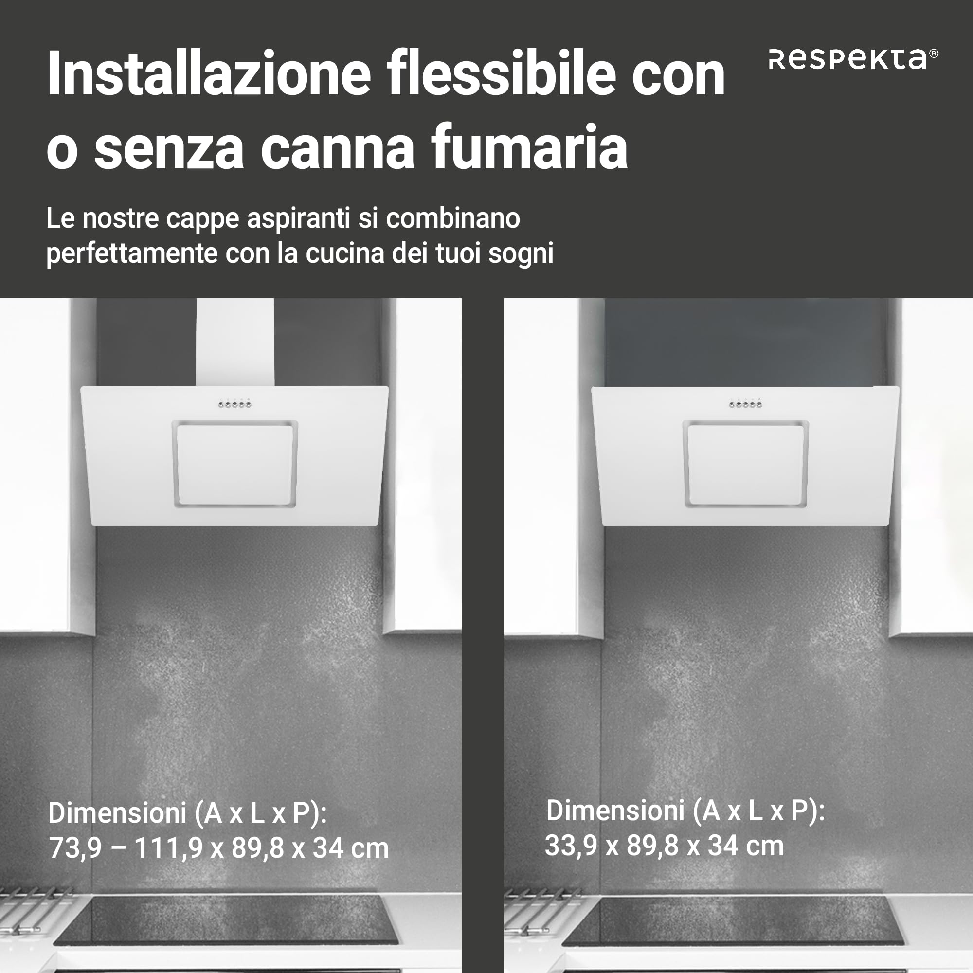 Respekta Cappa Cucina Inclinata Con Spazio Per La Testa, Cappa Cucina Verticale 90 Cm, Scocca In Metallo Con Vetro Bianco, Funzione Di Scarico E Ricircolo, CH22010,90wbz, B, 54 – 62 Db