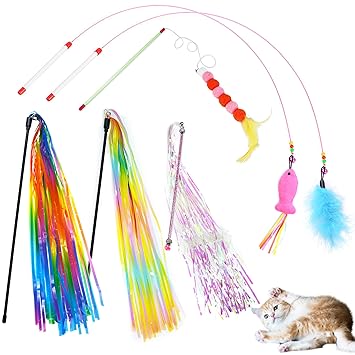 Kechuntech 6 Cat Toys Interactive Cat Teaser Wand with Bells,Rainbow Tassels Cat Stick,Extra Long Feather Toys with Elastic Steel Wire,Colorful Catcher Teaser Toys for Cat Kitten Entertainment
