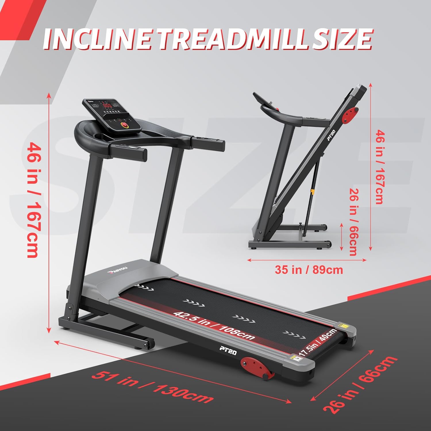 Diagram showing the dimensions of the PASYOU PT20G treadmill in both inches and centimeters.