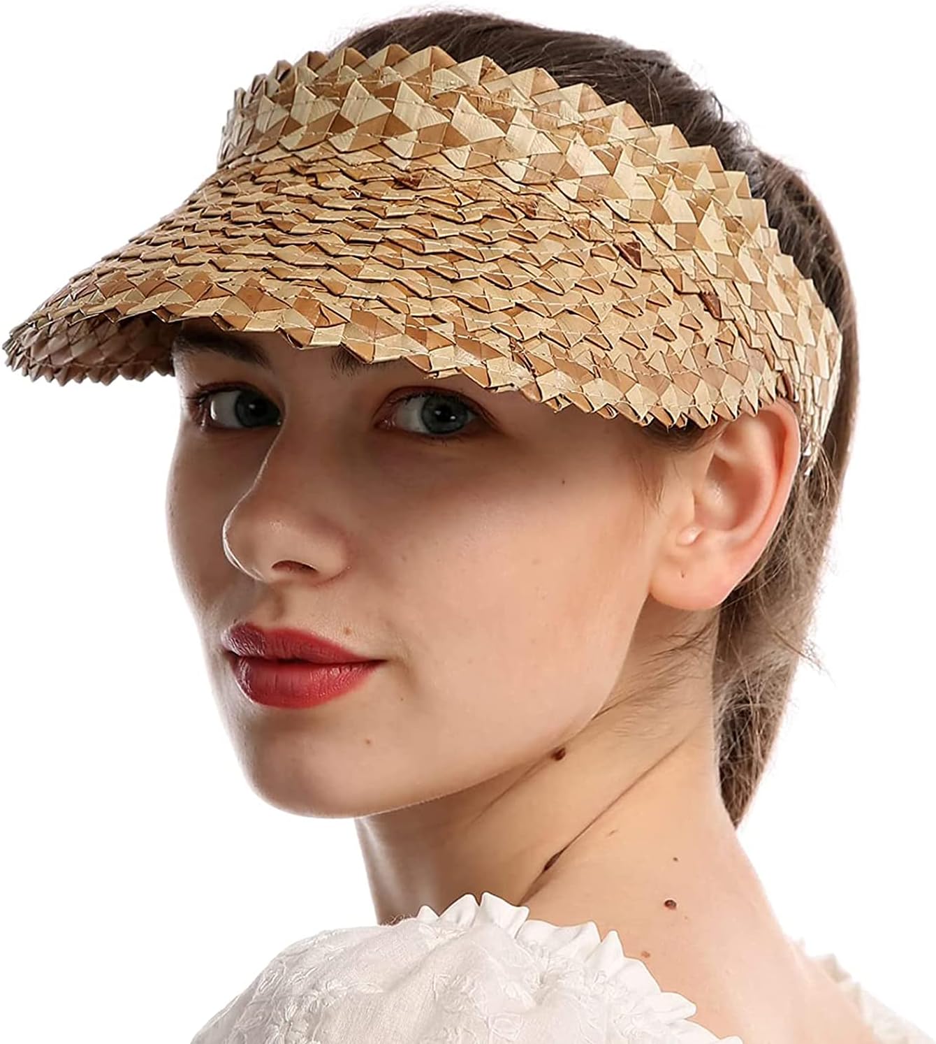 Sun Visors for Women Floppy Foldable Straw UV Protection Rollable Ladies Sun Hat Visor Cap Ponytail Topless Hat UPF 50+