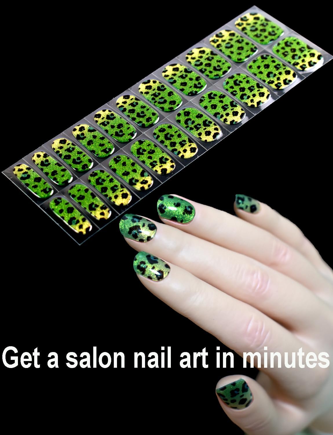 Semi Cured Gel Nail Strips Leopard Cat Eye Glitter Green 22 Pcs