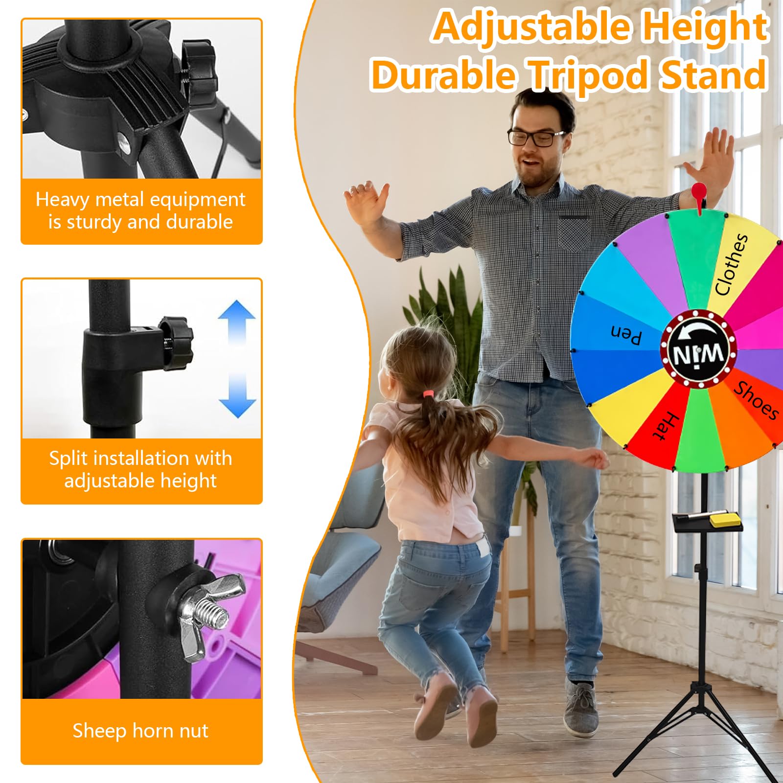 Roue de Fortune 61cm avec Trépied, Roue de Prix 14 Grilles, Hauteur Réglable 100-160 cm, avec Stylo Effaçable, Gomme et Pointeur, Prize Wheel pour Fêtes, Loterie et Activités