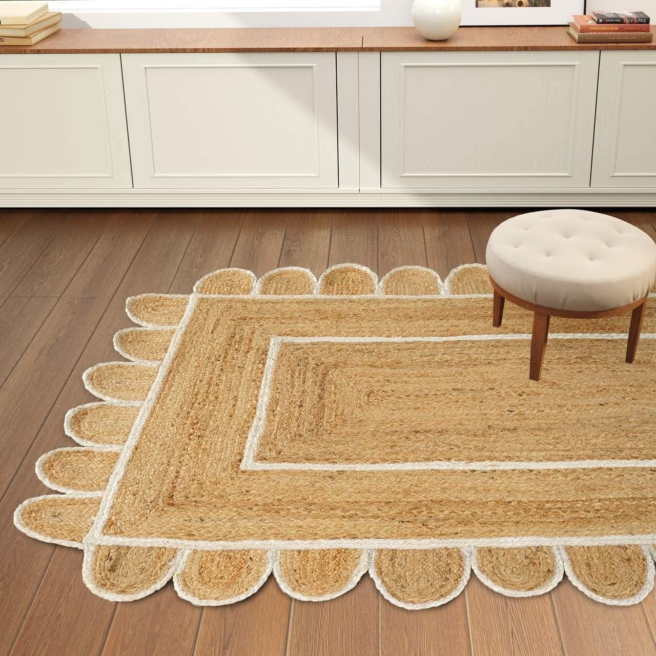 GRUHUM Scalloped Jute Rug 2'x3' ft Natural White Trim Rectangular Handmade Boho Farmhouse Soft Braided Rustic Vintage Small Area Rug Living Room Bed Room Kitchen Hallways Enterways 2x3ft (Doormat) 2' x 3' (Rectangular) Natural White-57