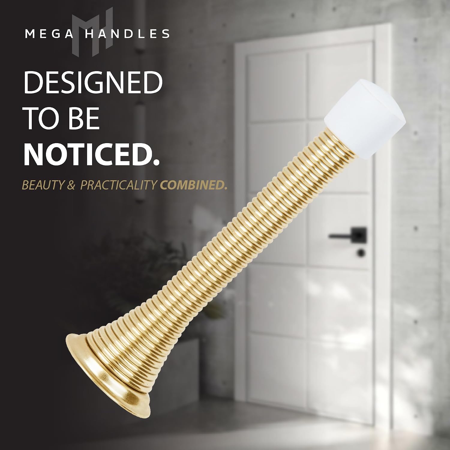 MEGA HANDLES Iron Spring Door Stopper - Flexible Rustproof Heavy Duty Spring Door Stopper 3.35" with Screw Rubber Tip (Satin Brass)