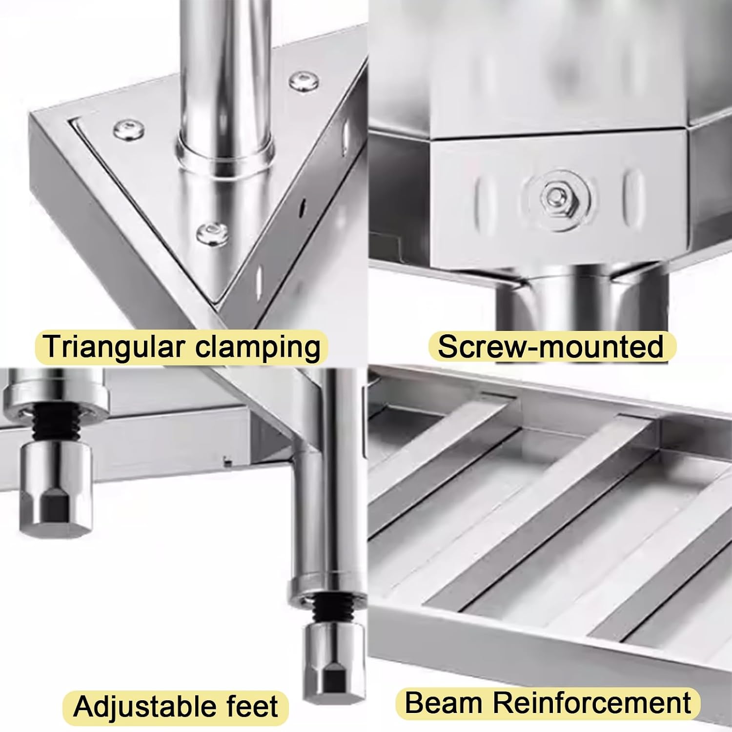 Stainless Steel Single-Tier Workbench Beam-Supported Thickened Shelves High Load Capacitility Adjustable Legs Kitchen Work Table Triangular Reinforcement Screw-Fixed Brushed Finish Sturdy
