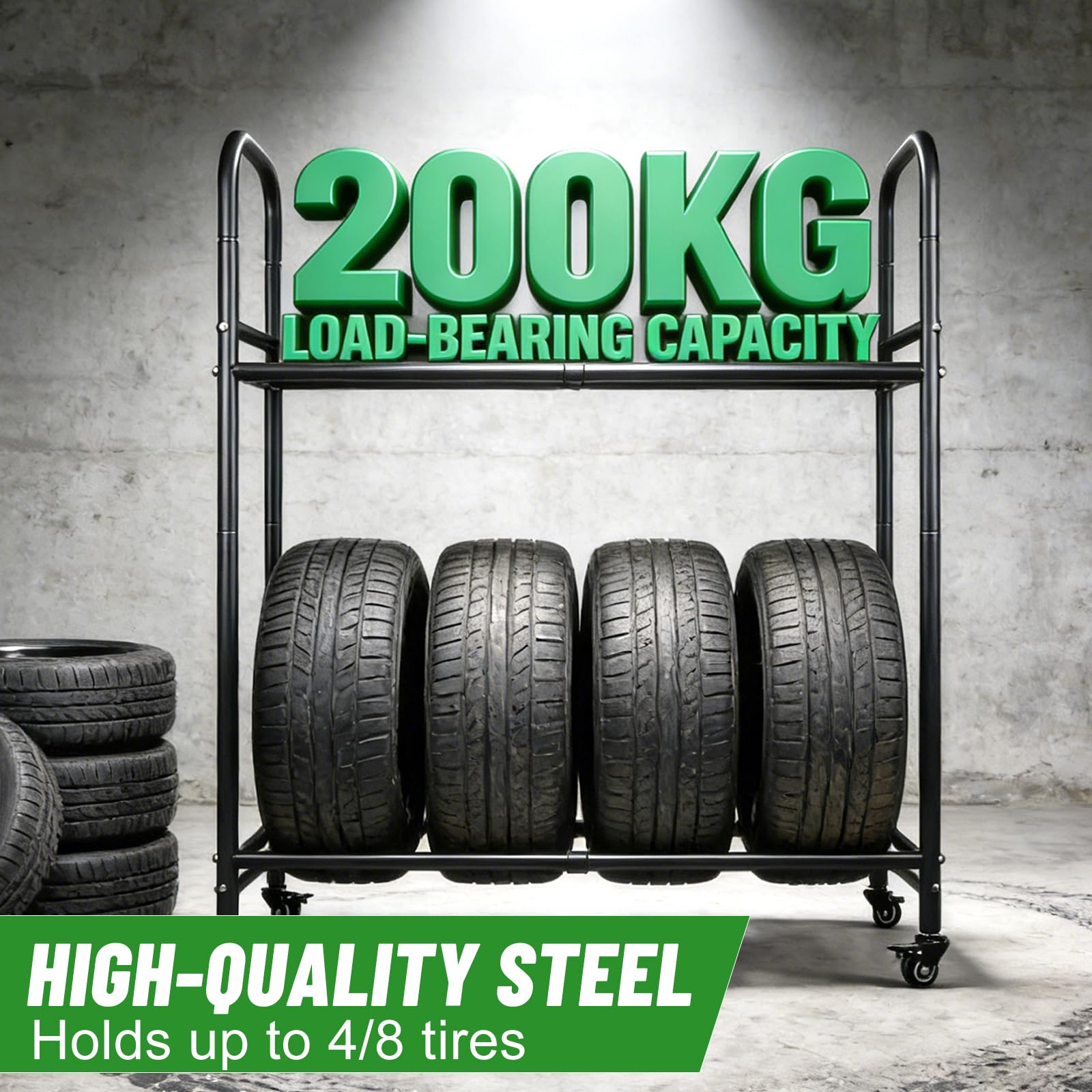 EXLECO Verstellbar Reifenregal bis zu 8 Reifen, Regallänge 63-108cm, Werkstattregal mit Schutzhülle & Lenkrollen, Garage Reifenhalter, Felgenständer, Beschichteter Stahl Schwarz Tragkraft 100-200kg