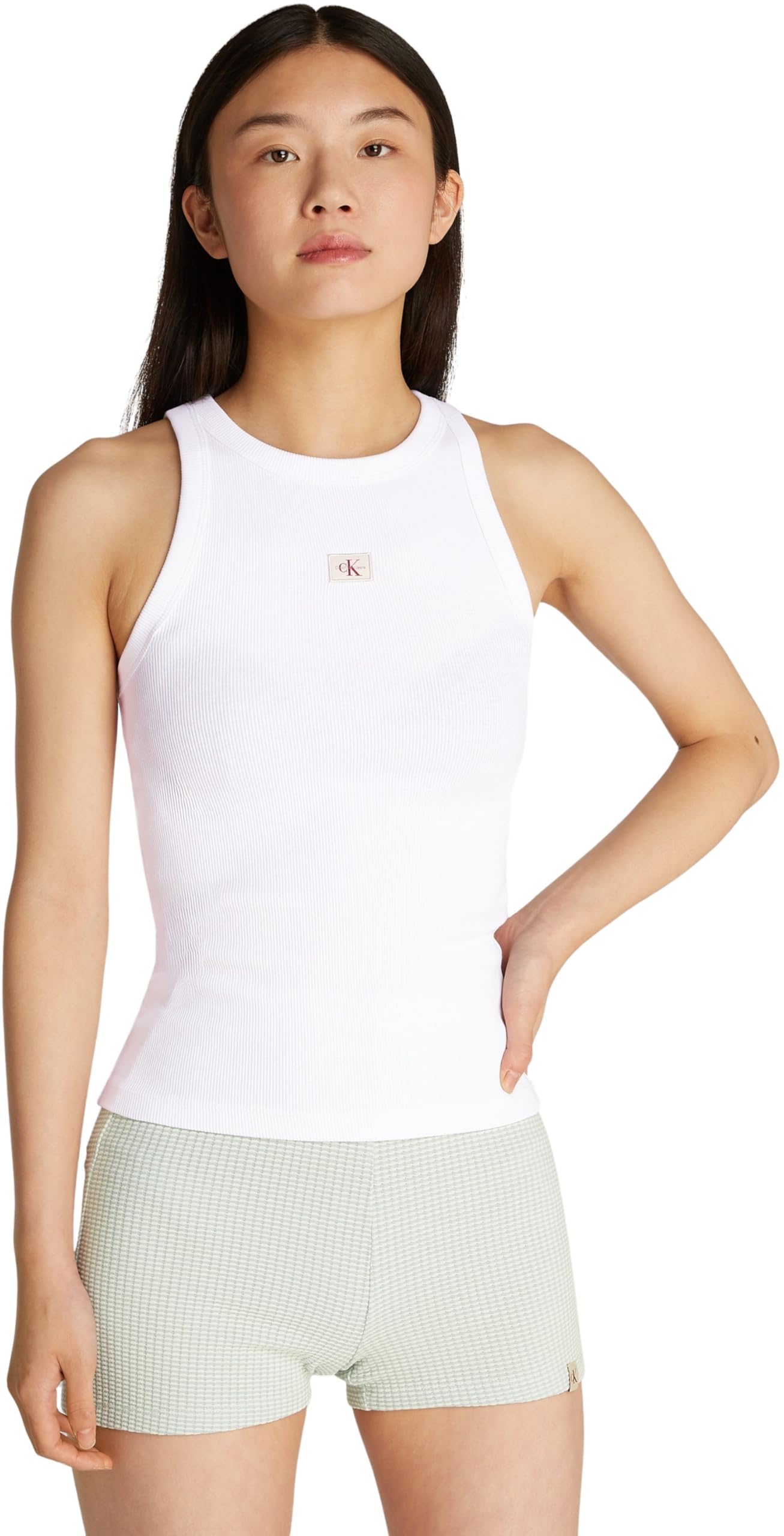 Calvin Klein Women’s Woven Label Rib Slim Fit Tank Top, White (Brilliant White), 3XL