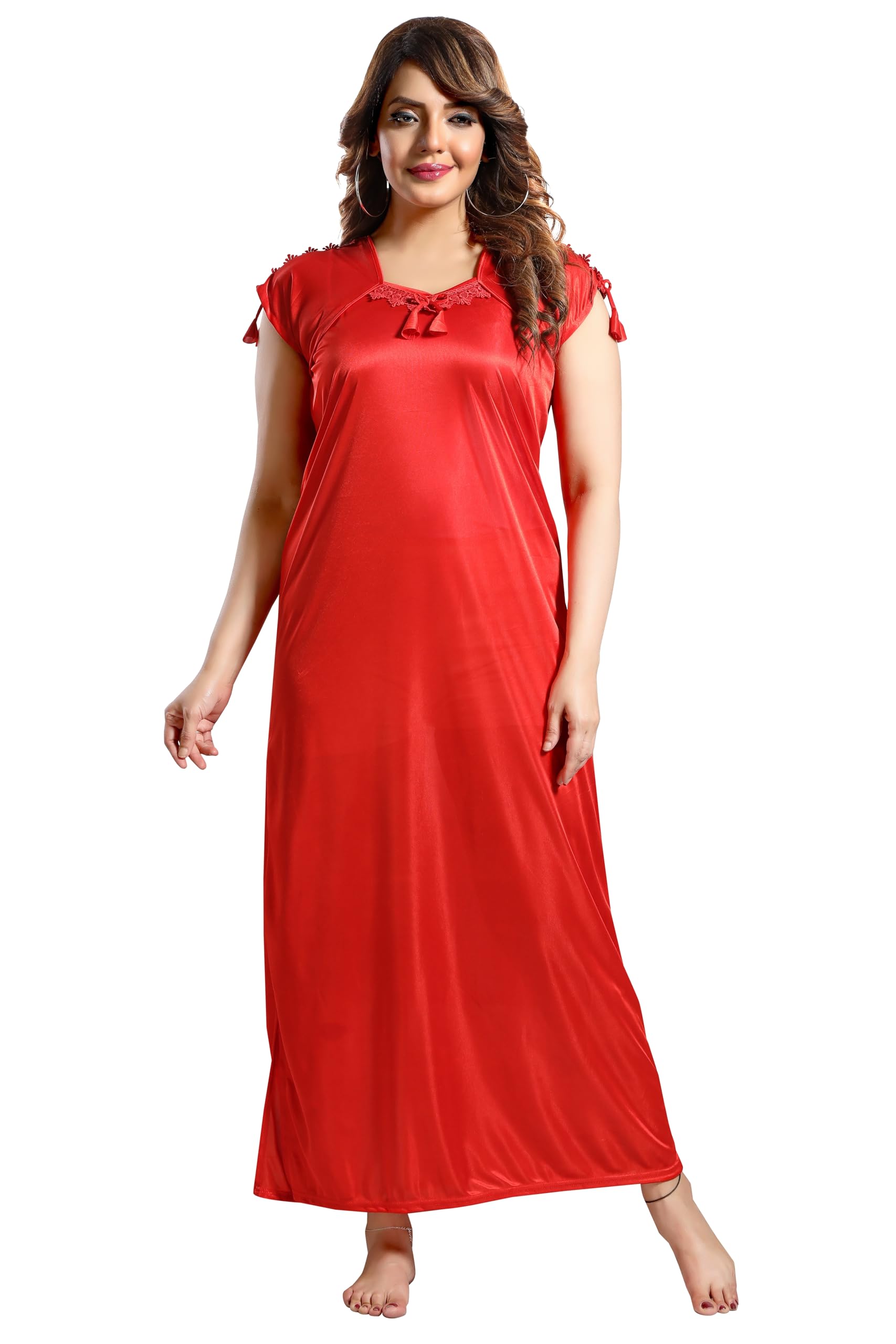 Women's Satin Nighty,Full Length Nightgown with Lace Detailing