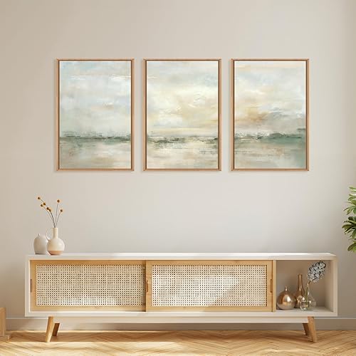 Miniatura 4 de LHIUEM Lienzo enmarcado grande abstracto verde gris pastel, decoración de pared de paisaje neutro, arte moderno de acuarela lago, ilustraciones